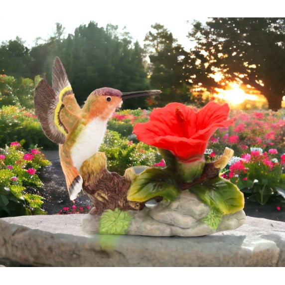 Ceramic Hummingbird Figurine with Hibiscus Flower 3.75 Inch Vintage Image 1