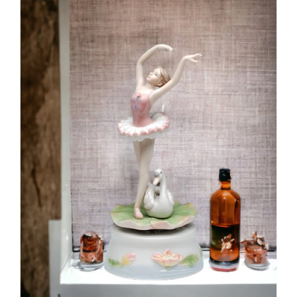 Ceramic Dancing Ballerina Music Box with Swan 3 7/8D x 7 3/8H Image 1