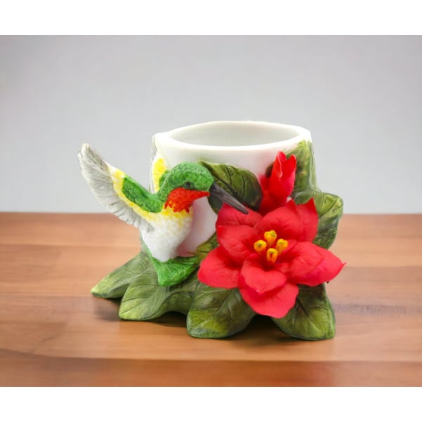 Ceramic Hummingbird Candle Holder 4" Poinsettia Flower Image 1