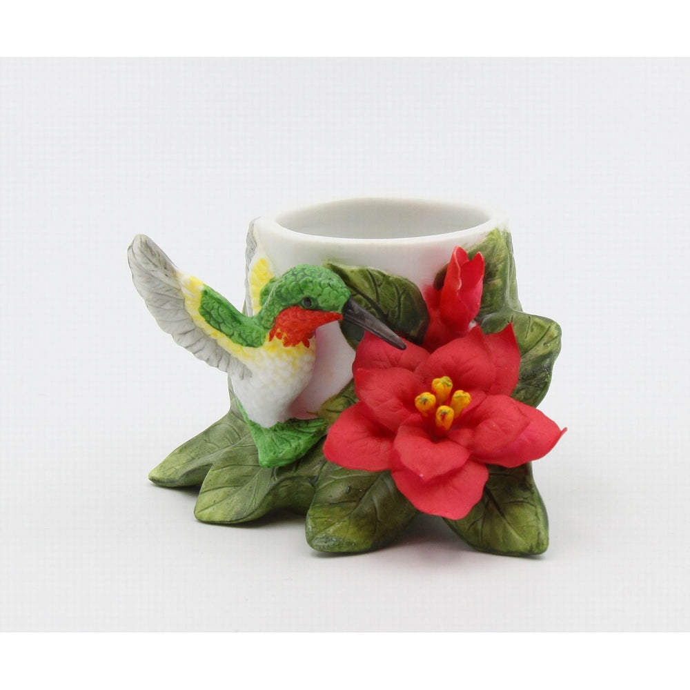 Ceramic Hummingbird Candle Holder 4" Poinsettia Flower Image 2