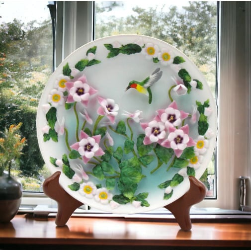 Hummingbird Columbine Flowers Decor Plate with Stand 7.5 inch Ceramic Image 1