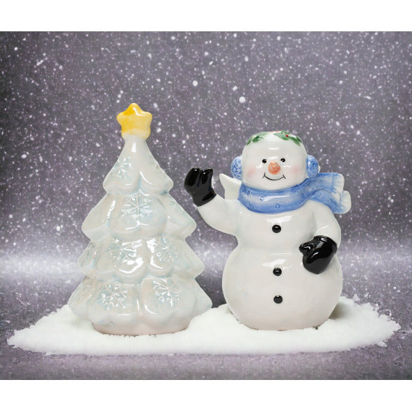 Hand Painted Ceramic Snowman Christmas Tree Salt Pepper Shakers Set Image 1