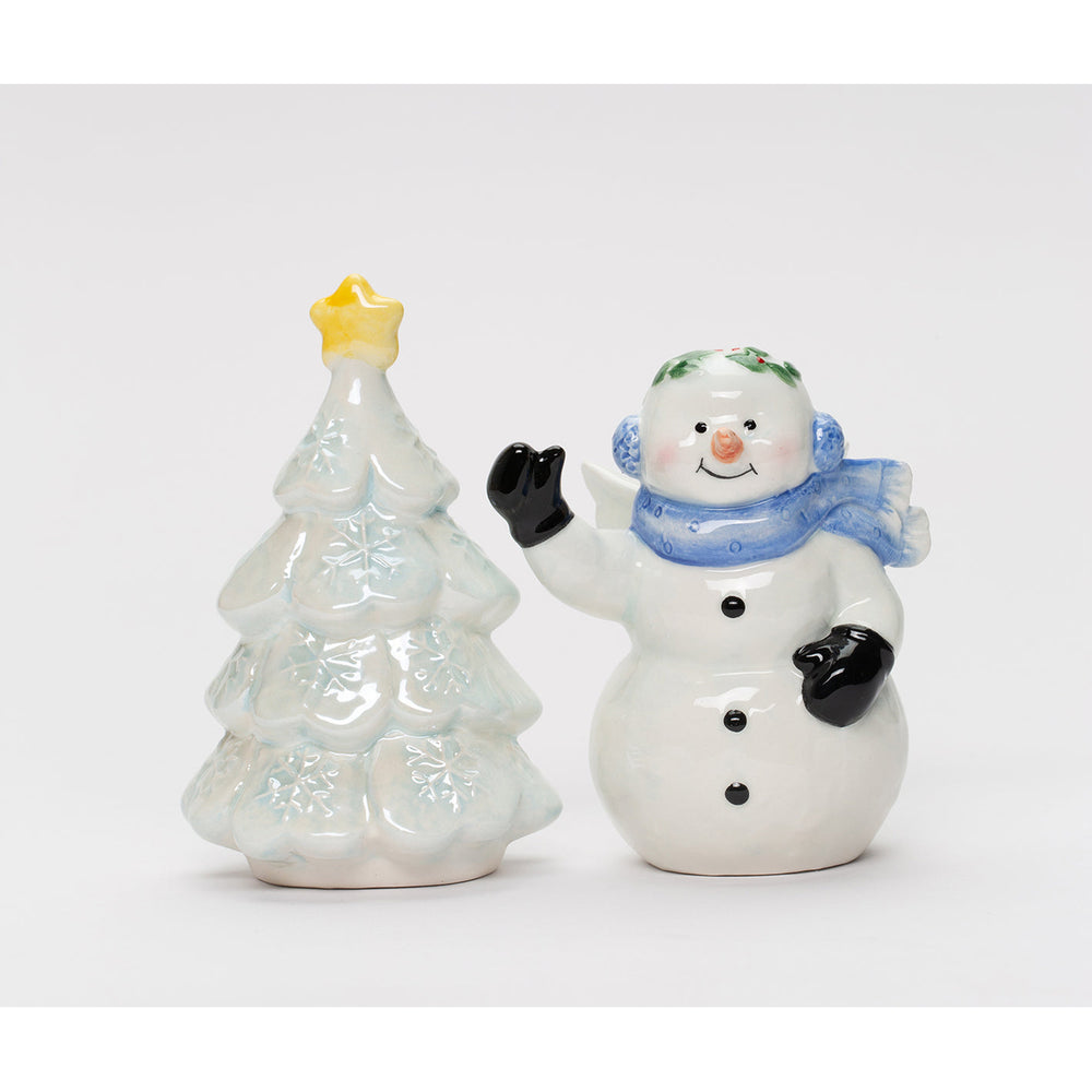 Hand Painted Ceramic Snowman Christmas Tree Salt Pepper Shakers Set Image 2