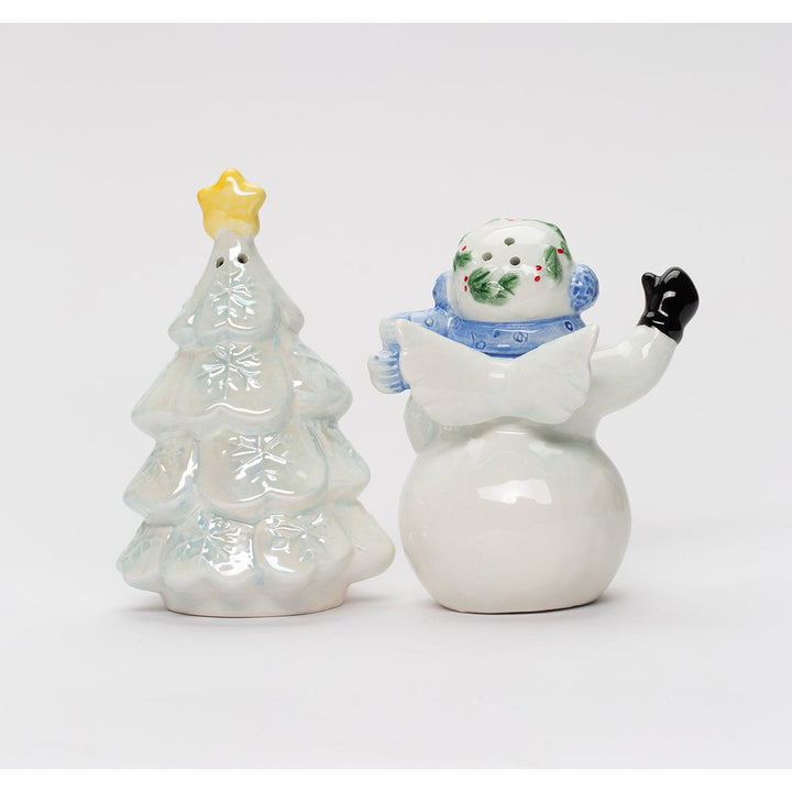 Hand Painted Ceramic Snowman Christmas Tree Salt Pepper Shakers Set Image 3