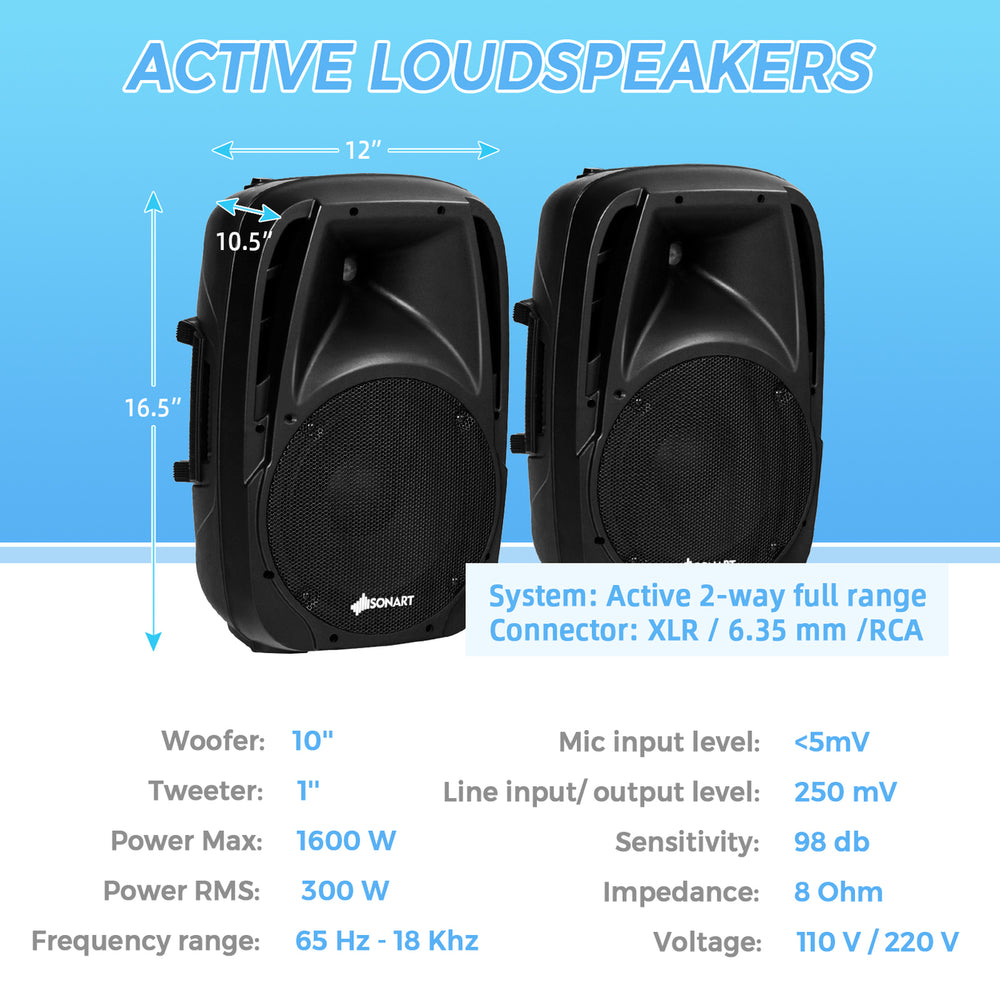 Sonart Dual 10 Protable 1600W Powered Speakers w/ Mic Speaker Stands Control Image 2