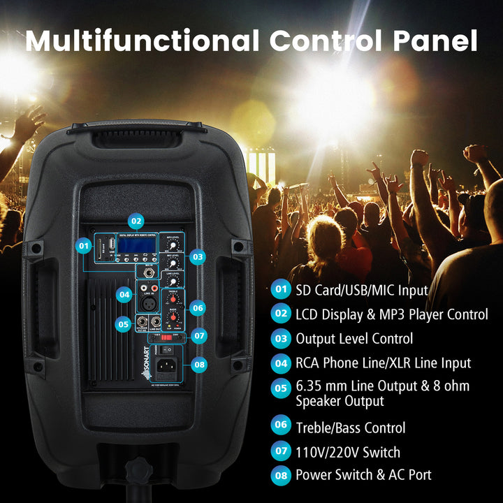 Sonart Dual 10 Protable 1600W Powered Speakers w/ Mic Speaker Stands Control Image 4