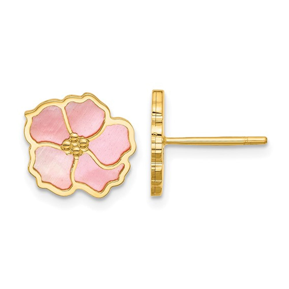 Pink Mother of Pearl Flower Earrings in 14K Yellow Gold Image 1