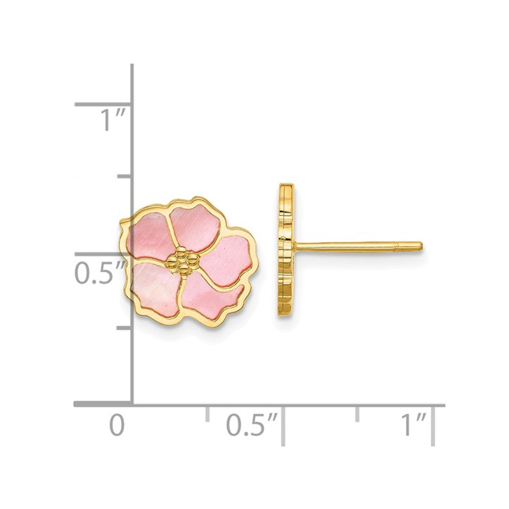 Pink Mother of Pearl Flower Earrings in 14K Yellow Gold Image 2