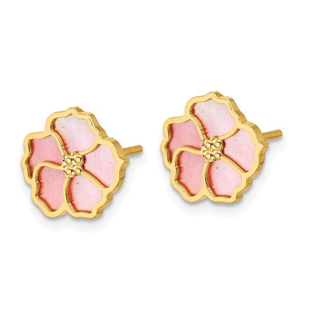 Pink Mother of Pearl Flower Earrings in 14K Yellow Gold Image 4