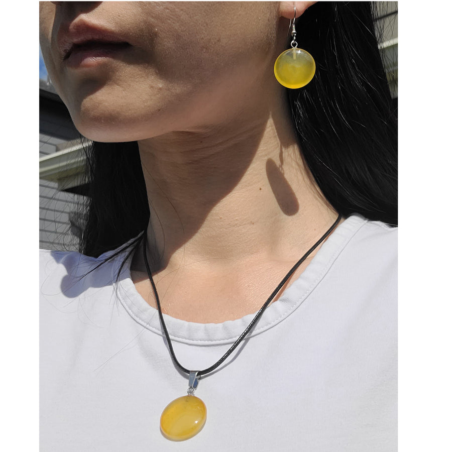 Yellow Orange Round Agate Energy Stone Tribal Vintage Ethnic Bohemian Necklace and Earring Jewelry Set Anniversary Image 1