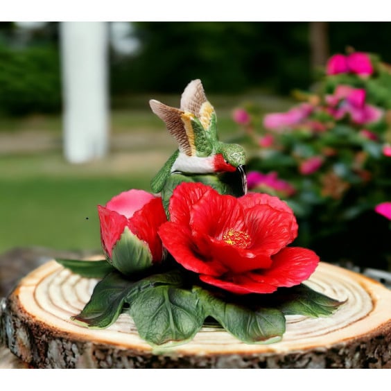 Ceramic Hummingbird Hibiscus Flower Candle Holder 4in Vintage Gift Image 1