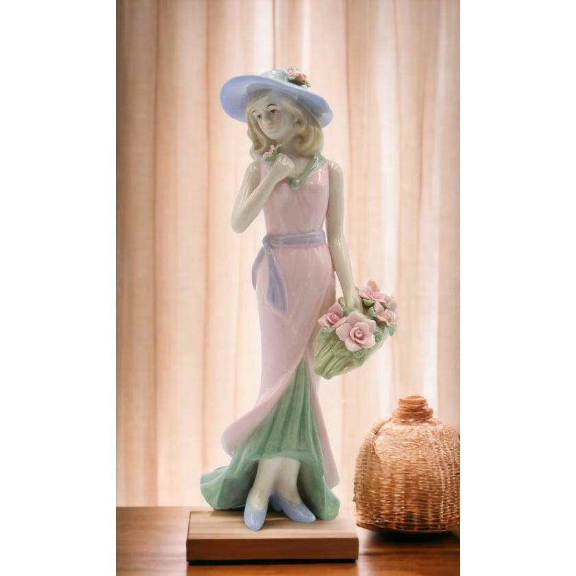 Ceramic Lady Figurine with Rose Basket Pink Dress 3.75"x2.75"x7.88" Image 1