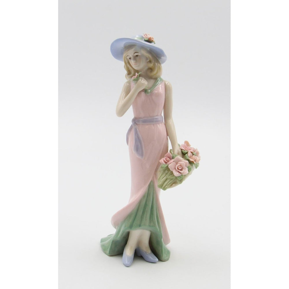 Ceramic Lady Figurine with Rose Basket Pink Dress 3.75"x2.75"x7.88" Image 2