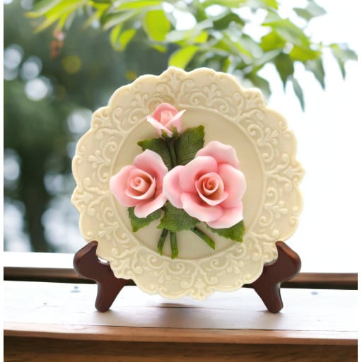 Ceramic Pink Rose Flower Plaque 7" with Stand Nature Image 1