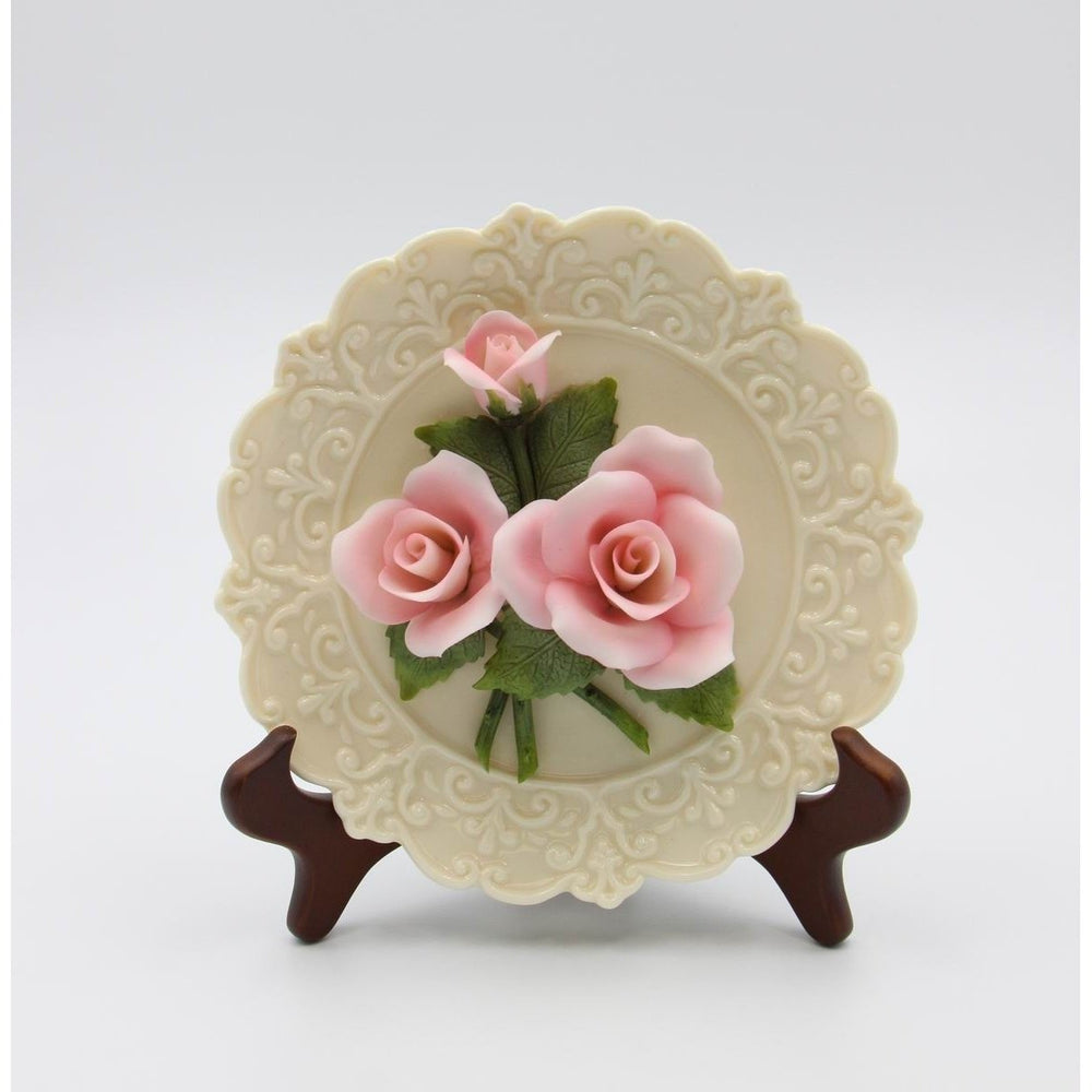 Ceramic Pink Rose Flower Plaque 7" with Stand Nature Image 2