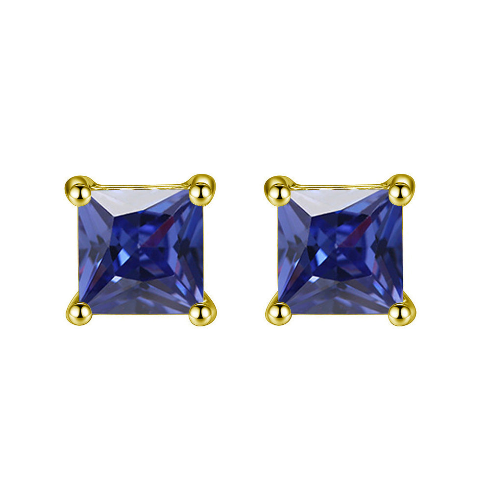 18k Yellow Gold Plated 1-4 Carat Princess Cut Created Blue Sapphire Stud Earrings 4mm Image 1