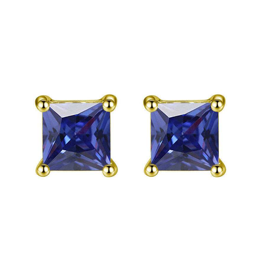 24k Yellow Gold Plated 2 Cttw Blue Sapphire Princess Cut Stud Earrings Image 1