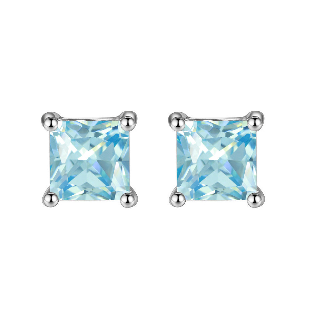 18k White Gold Plated 1-4 Carat Princess Cut Created Blue Topaz Stud Earrings 4mm Image 1