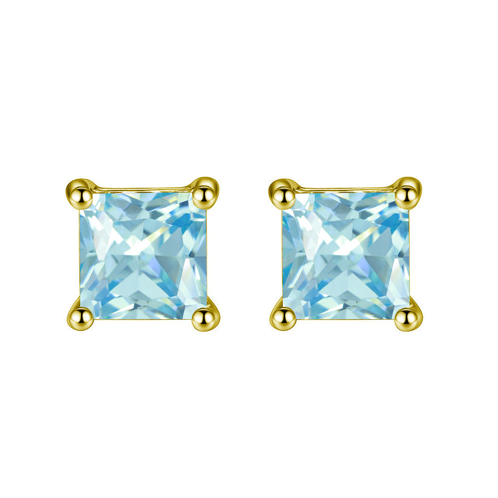 18k Yellow Gold Plated 1-4 Carat Princess Cut Created Blue Topaz Stud Earrings 4mm Image 1