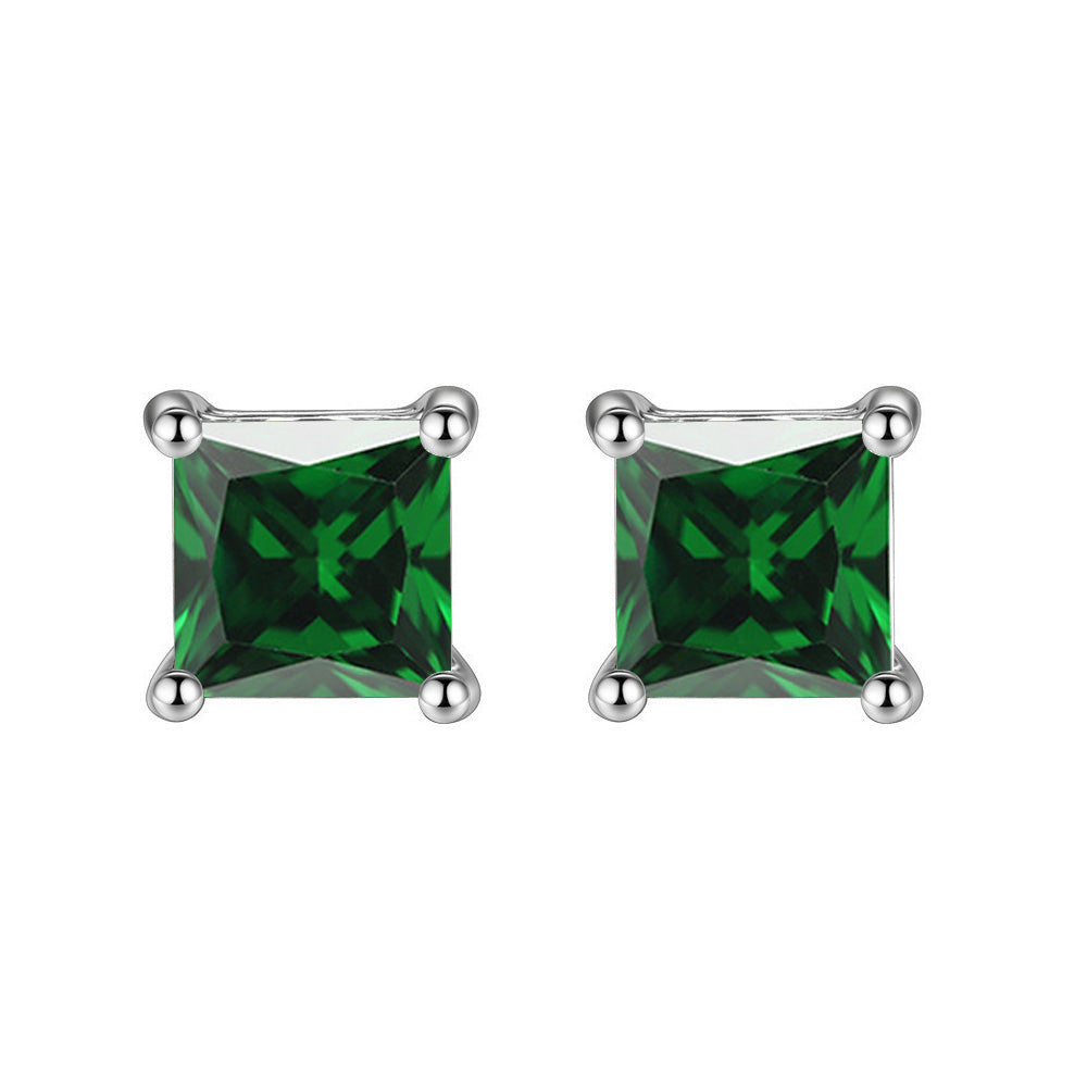 18k White Gold Plated 1-4 Carat Princess Cut Created Emerald Stud Earrings 4mm Image 1