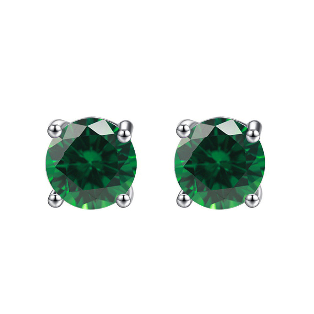 14k White Solid Gold Created Emerald Round Stud Earrings 4mm Image 1