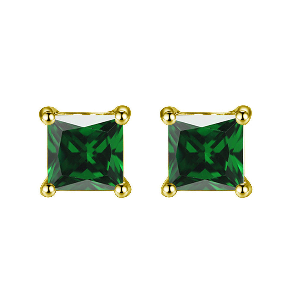 18k Yellow Gold Plated 1-4 Carat Princess Cut Created Emerald Stud Earrings 4mm Image 1