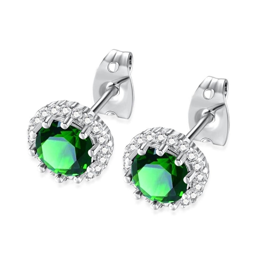 10k White Gold Plated 4 Ct Round Created Emerald Halo Stud Earrings Image 1