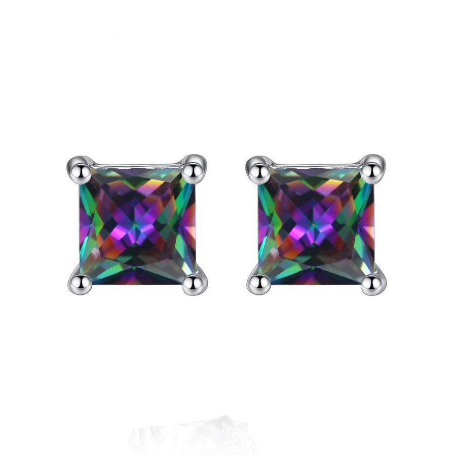 18k White Gold Plated 1-4 Carat Princess Cut Created Mystic Topaz Stud Earrings 4mm Image 1