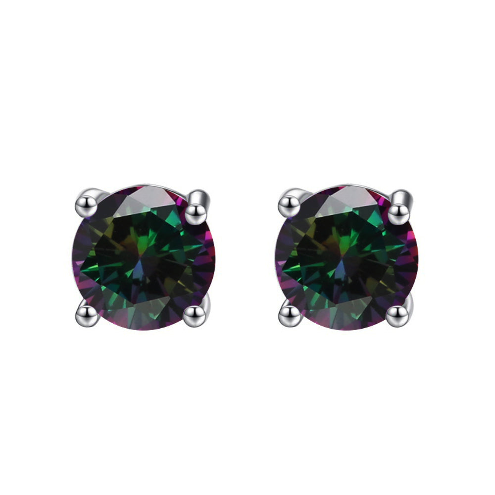 14k White Solid Gold Created Mystic Sapphire Round Stud Earrings 3mm Image 1