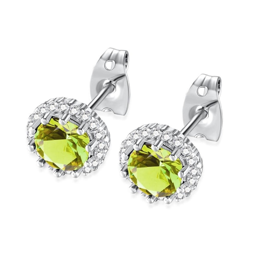 10k White Gold Plated 3 Ct Round Created Peridot Halo Stud Earrings Image 1