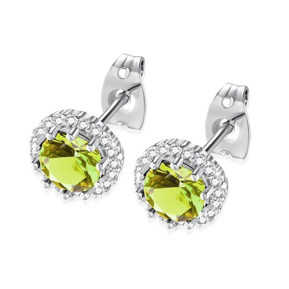 14k White Gold Plated 1-2 Ct Round Created Peridot Halo Stud Earrings Image 1