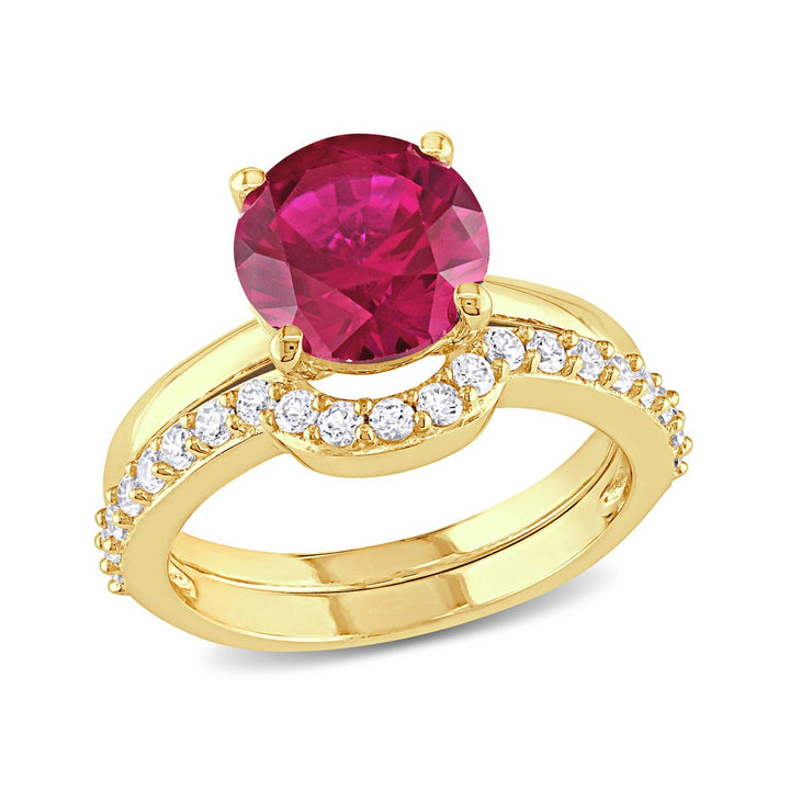 2.80 Carat (ctw) Lab-Created Ruby and White Sapphire with Bridal Wedding Set Engagement Ring 10K Yellow Gold Image 1