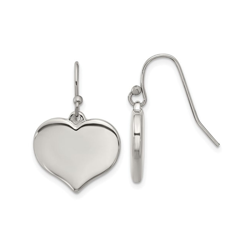 Stainless Steel Polished Heart Dangle Shepherd Hook Earrings Image 1