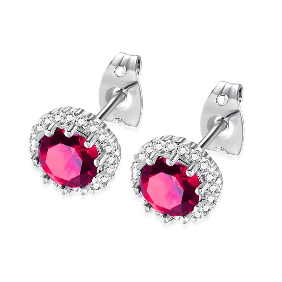 10k White Gold Plated 4 Ct Round Created Ruby Halo Stud Earrings Image 1