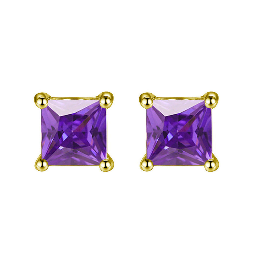 24k Yellow Gold Plated 2 Cttw Amethyst Princess Cut Stud Earrings Image 1