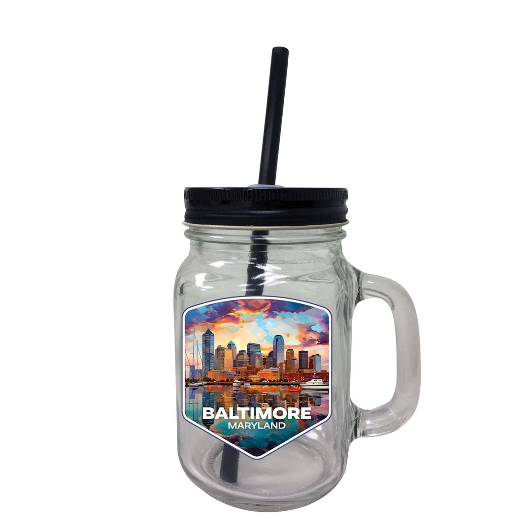 Baltimore Maryland A Souvenir Mason Jar With Lid and Straw Image 1