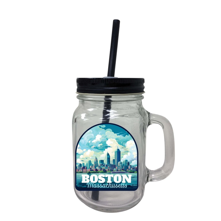 Boston Massachusetts A Souvenir Mason Jar With Lid and Straw Image 1