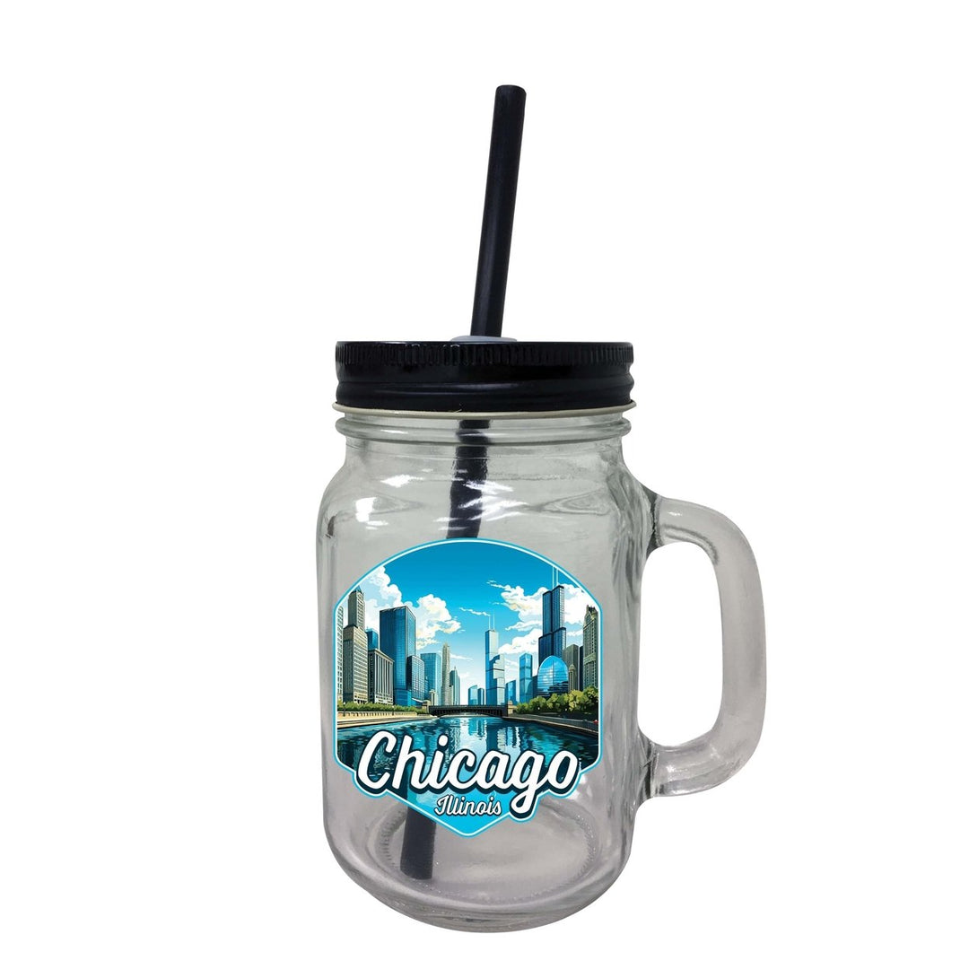 Chicago Illinois A Souvenir Mason Jar With Lid and Straw Image 1