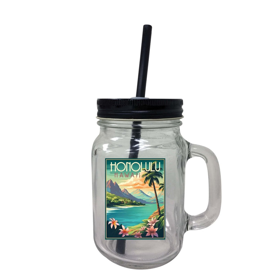 Honolulu Hawaii C Souvenir Mason Jar With Lid and Straw Image 1