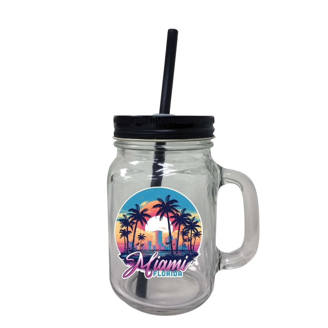 Miami Florida B Souvenir Mason Jar With Lid and Straw Image 1