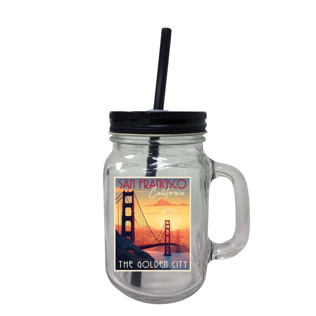 San Francisco California B Souvenir Mason Jar With Lid and Straw Image 1