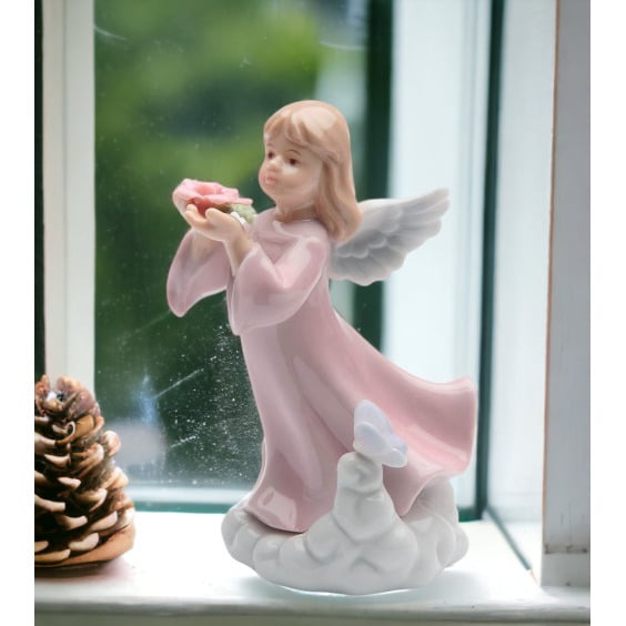 Ceramic Angel Girl Figurine 3x3x4 Inch Rose Flower Gift Image 1