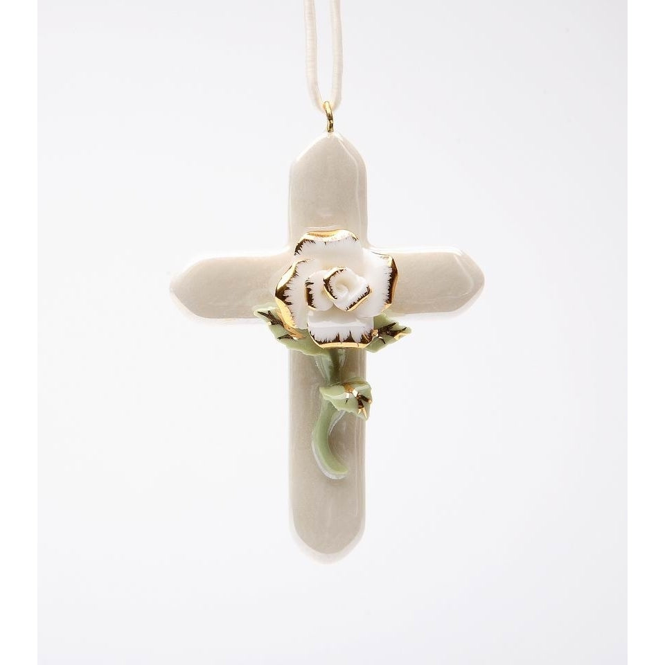 Ceramic Mini White Rose Cross with Golden Accents Religious DcorReligious GiftChurch Dcor, Image 3