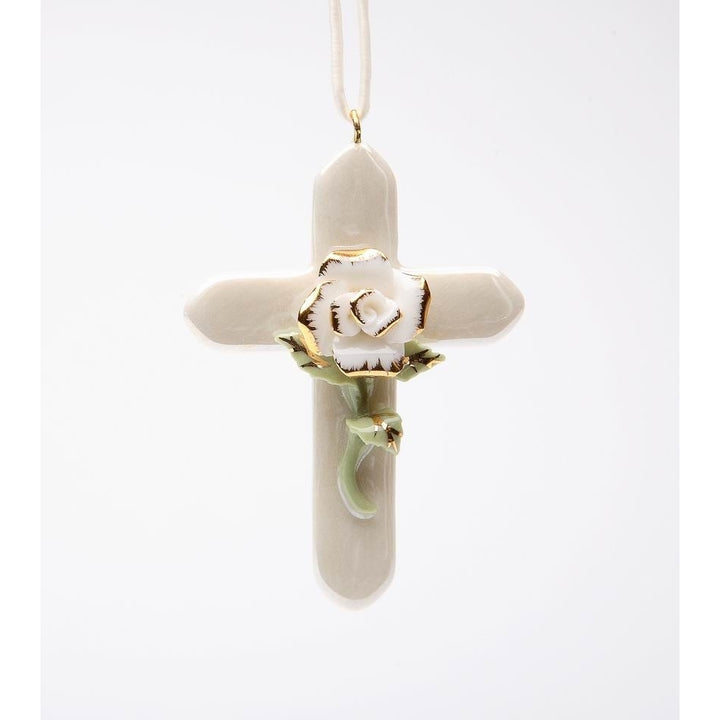 Ceramic Mini White Rose Cross with Golden Accents Religious DcorReligious GiftChurch Dcor, Image 3