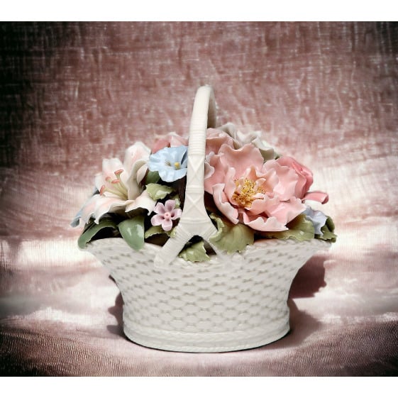 Ceramic Music Box Flower Basket Vintage  Nature Image 1