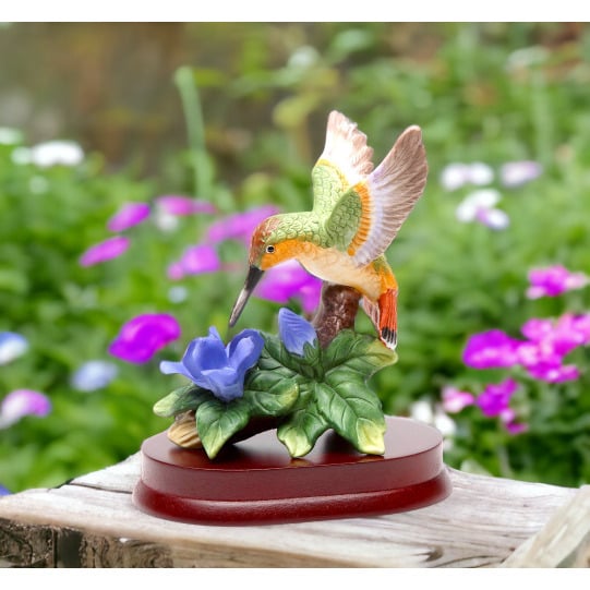 Kevins Gift Shoppe Ceramic Hummingbird with Bluebonnet Flower on Wood Base Figurine Image 1