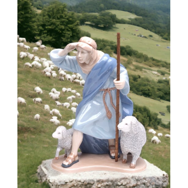 Ceramic Shepherd with Sheep Figurine 6.25in  Baptism Image 1