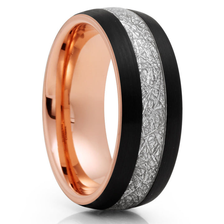 Meteorite Tungsten Wedding Ring 8mm Rose Gold Black Inlay Comfort Fit Size 7-15 Image 4