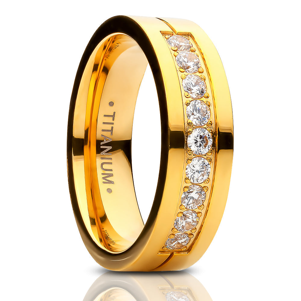 6mm Yellow Gold Titanium Wedding Ring CZ Wedding Ring Engagement Ring Image 1