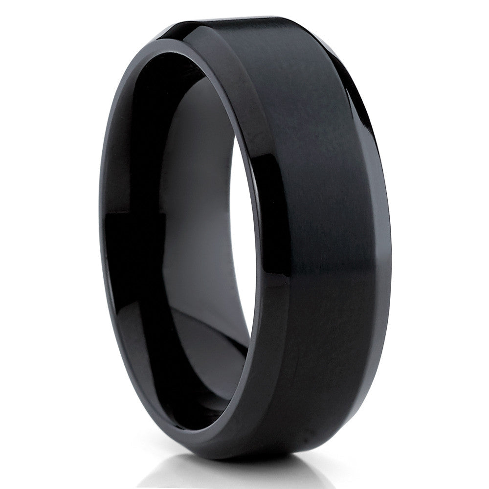 8mm Black Titanium Wedding Ring BlacK Wedding Ring Beveled Edges Image 1